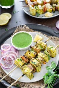 Pahadi Paneer Tikka on a plate served with chutney